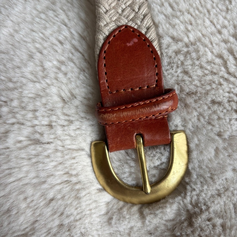 Talbots Braided Belt Womens S Beige Vintage Woven Elastic Solid Brass Buckle - Picture 2 of 4